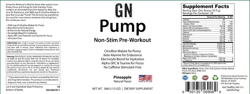 Supplement label for GN Pump Non-Stim Pre-Workout with supplement facts and ingredients listed.