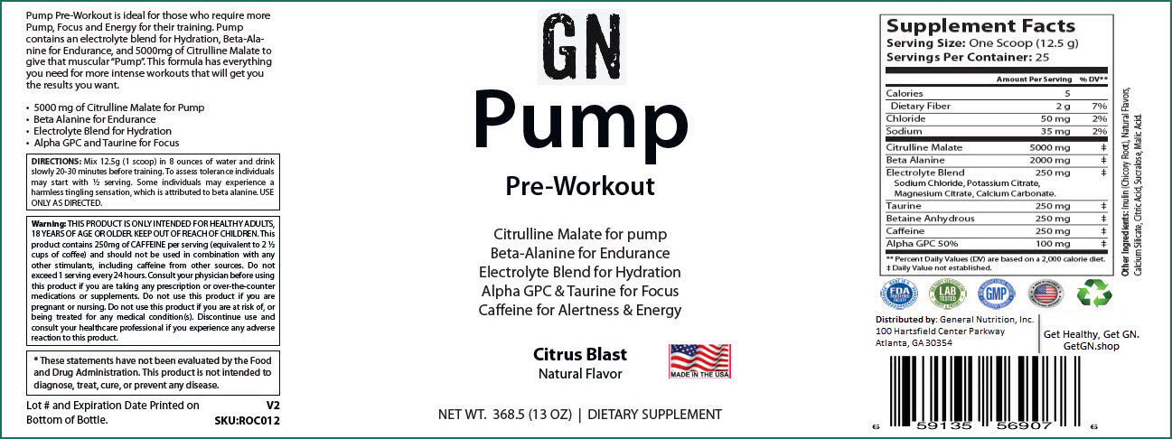 Supplement label for GN Pump Pre-Workout with supplement facts and ingredients listed.