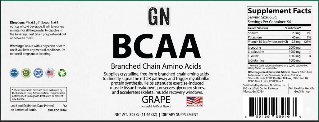 Supplement label for GN BCAA Branched Chain Amino Acids on a white background