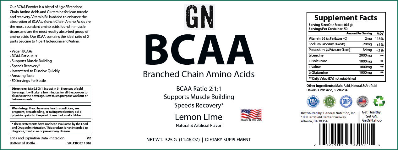 Label of GN BCAA supplement with text and logos on a white background