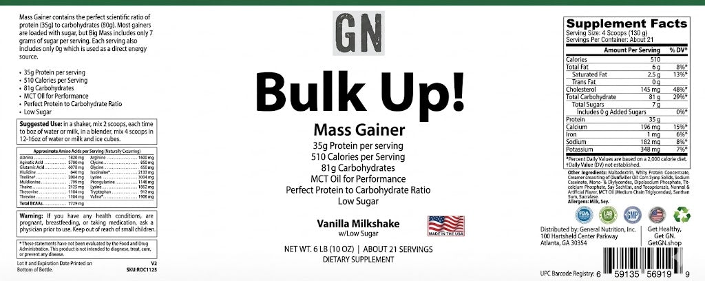 Supplement label for 'GN Bulk Up! Mass Gainer' with nutritional information and branding.