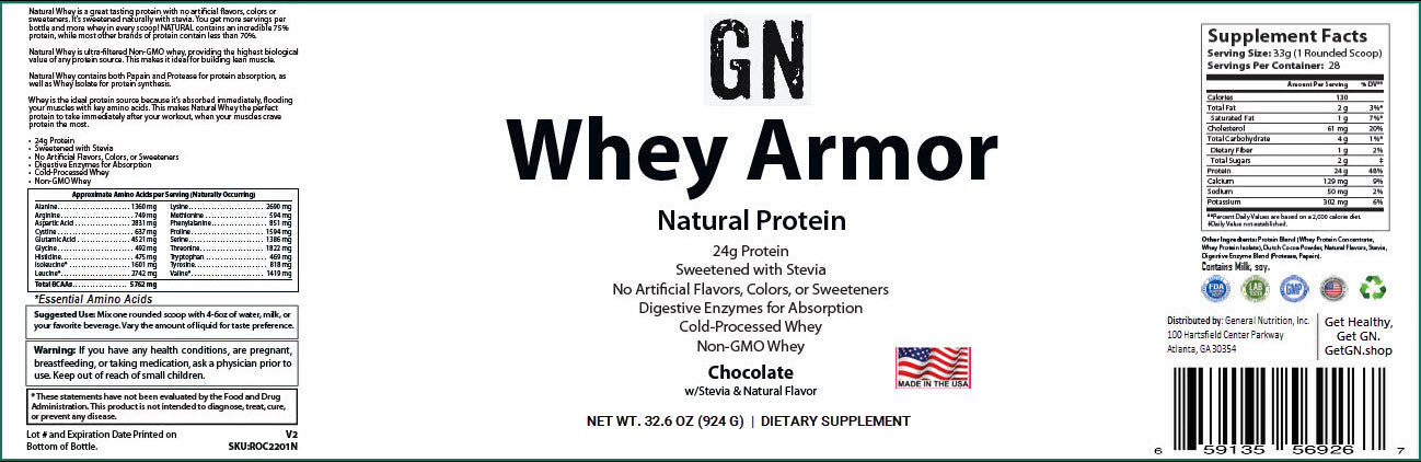 Label of GN Whey Armor Natural Protein package with nutritional information and branding details.