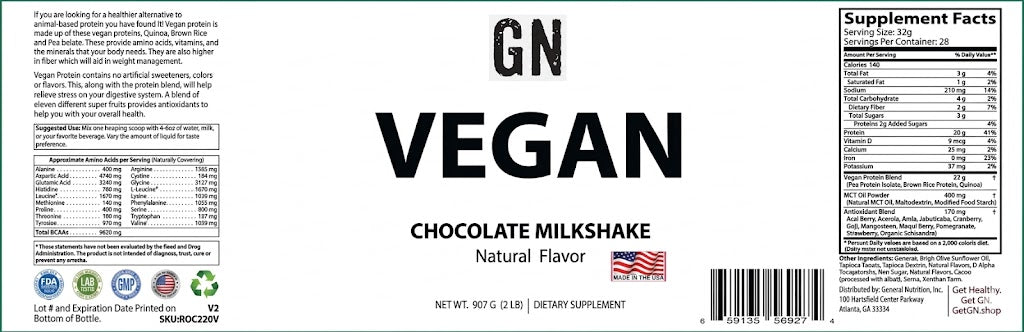 Vegan Protein Choolate Milkshake Supplement Label