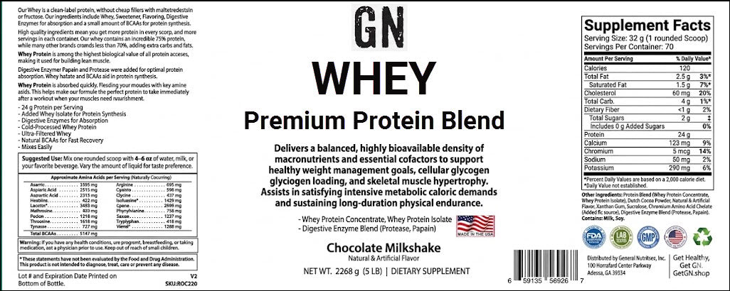 Label of GN Whey Premium Protein Blend with supplement facts and branding details.