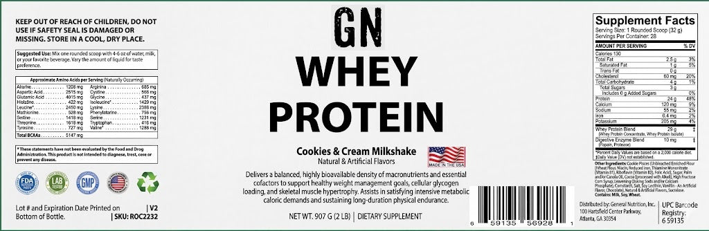 Whey protein supplement label with branding and nutritional information.