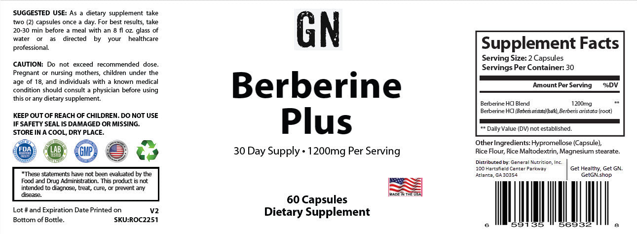 Supplement label for Berberine Plus with dietary information and branding details.