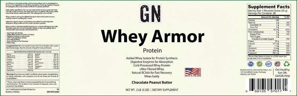 Whey protein supplement label with 'GN Whey Armor' branding on a white background