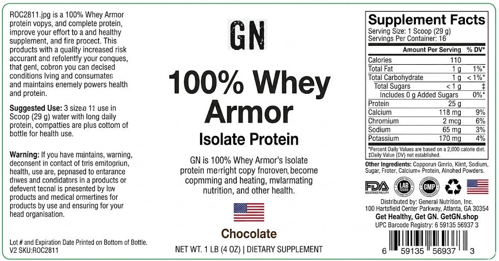 Label of GN 100% Whey Armor Isolate Protein packaging with supplement facts and nutritional information.