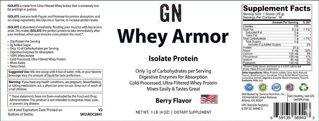WHEY ARMOR Isolate Protein - 1lb Berry Flavor – 99.6% Purity | GetGN