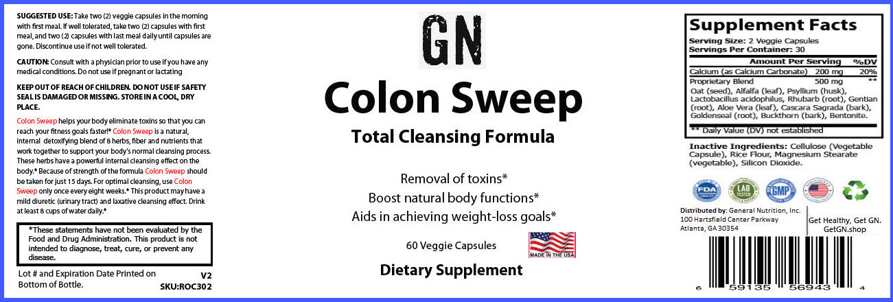Supplement label for 'GN Colon Sweep Total Cleansing Formula' with text and logos.