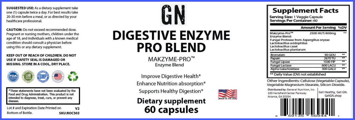 Supplement label for GN Digestive Enzyme Pro Blend with text and graphics on a blue background.