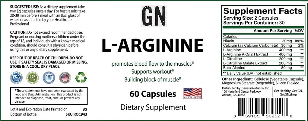 Supplement label for L-Arginine capsules with nutritional information and branding.