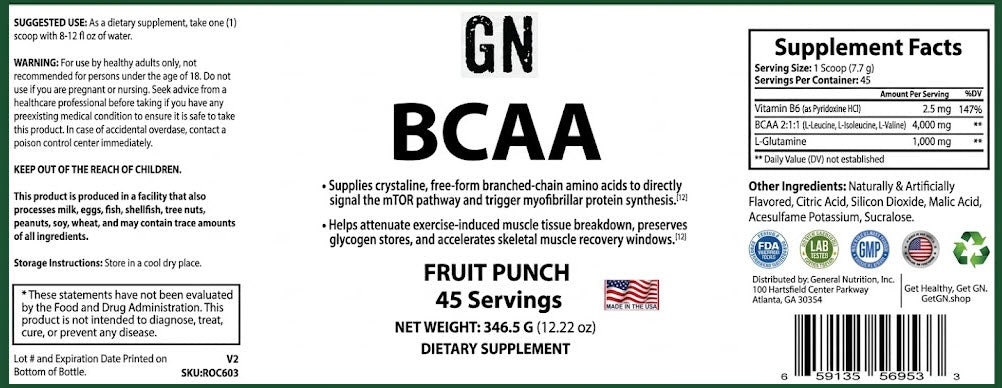 Supplement Label for BCAA Fruit Punch dietary supplement