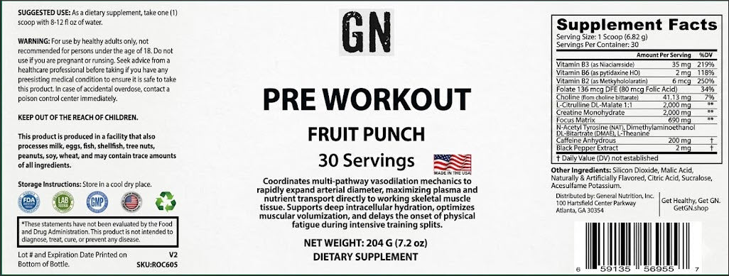 Pre-workout supplement label with 'Fruit Punch' flavor and 30 servings on a white background.