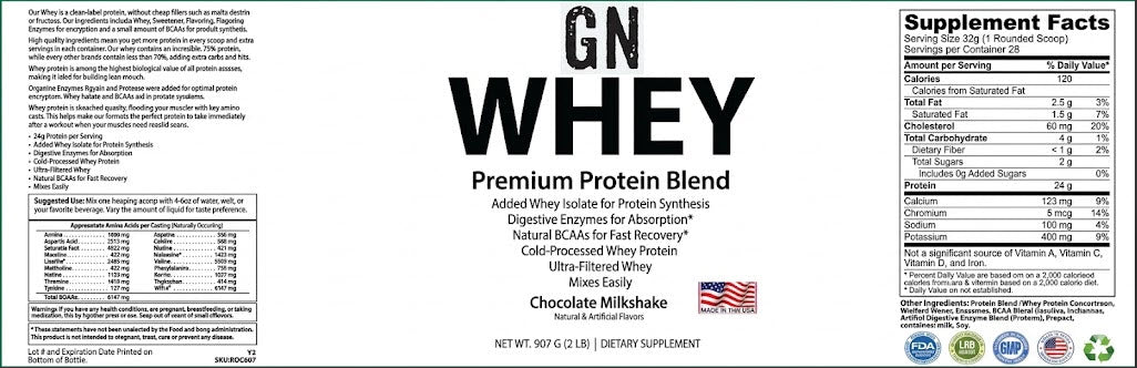 GN Whey protein supplement label with nutritional information and branding.