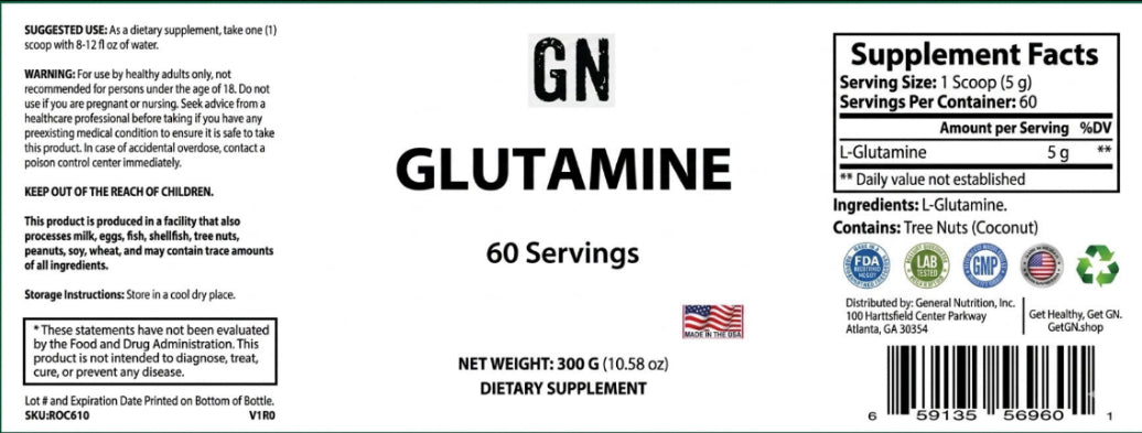 Supplement label for Glutamine with serving size, ingredients, and nutritional information.