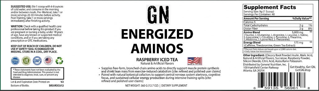 Supplement Label for Energized Aminos Raspberry Iced Tea dietary supplement