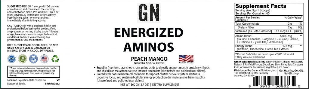 Supplement label for 'GN Energized Aminos Peach Mango' with supplement facts and branding.