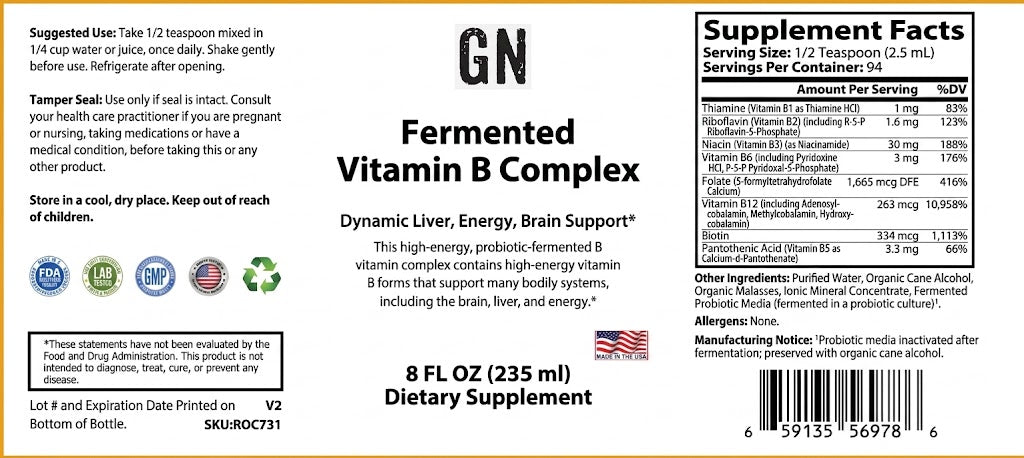 Supplement label for GN Fermented Vitamin B Complex dietary supplement