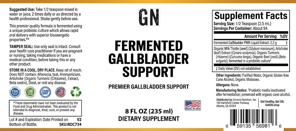 Supplement label for 'Fermented Gallbladder Support' dietary supplement with text and logos.