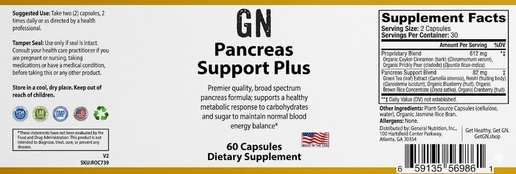 Supplement label for GN Pancreas Support Plus with supplement facts and ingredients listed.