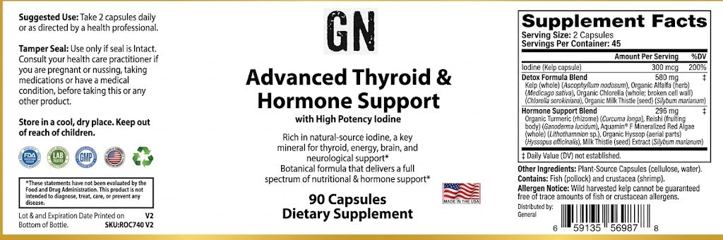 Supplement label for Advanced Thyroid & Hormone Support with ingredient list and branding details.