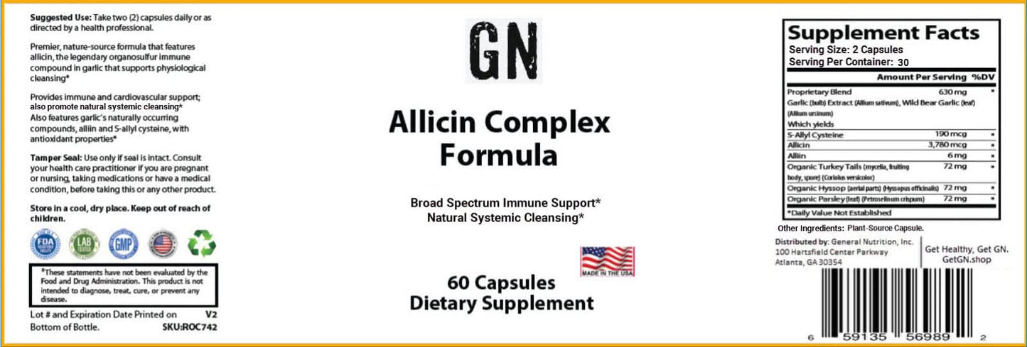 Supplement label for GN Allicin Complex Formula with ingredients and supplement facts.