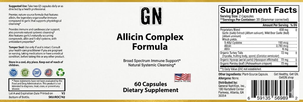 Supplement label for GN Allicin Complex Formula with supplement facts and ingredients listed.