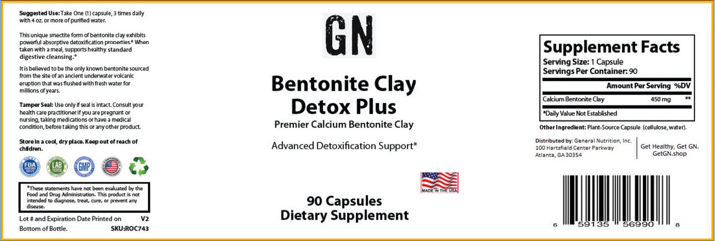 Supplement label for Bentonite Clay Detox Plus with supplement facts and ingredients listed.