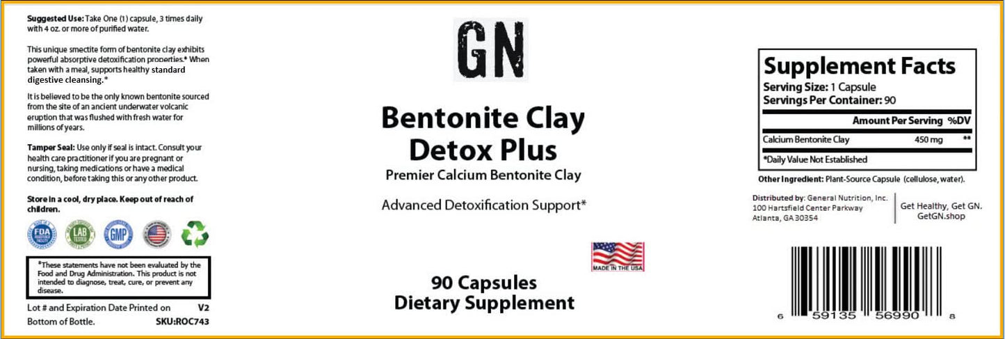 Supplement label for Bentonite Clay Detox Plus with supplement facts and ingredients listed.