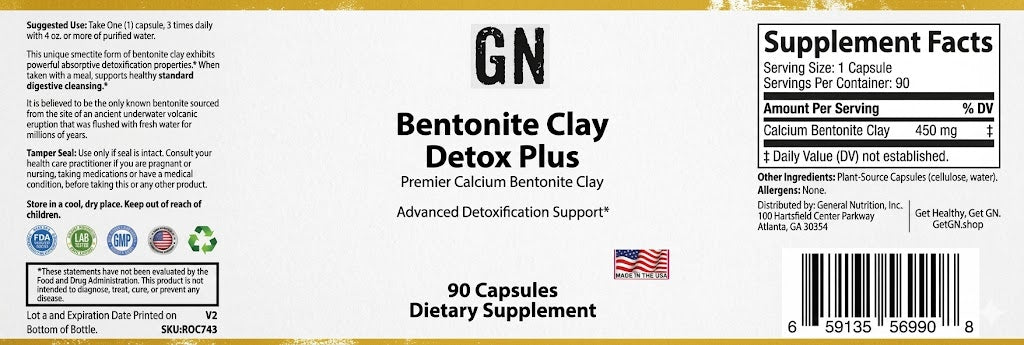 Supplement label for Bentonite Clay Detox Plus with supplement facts and branding details.
