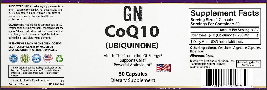 Supplement label for GN CoQ10 Ubiquinone with supplement facts and ingredients listed.
