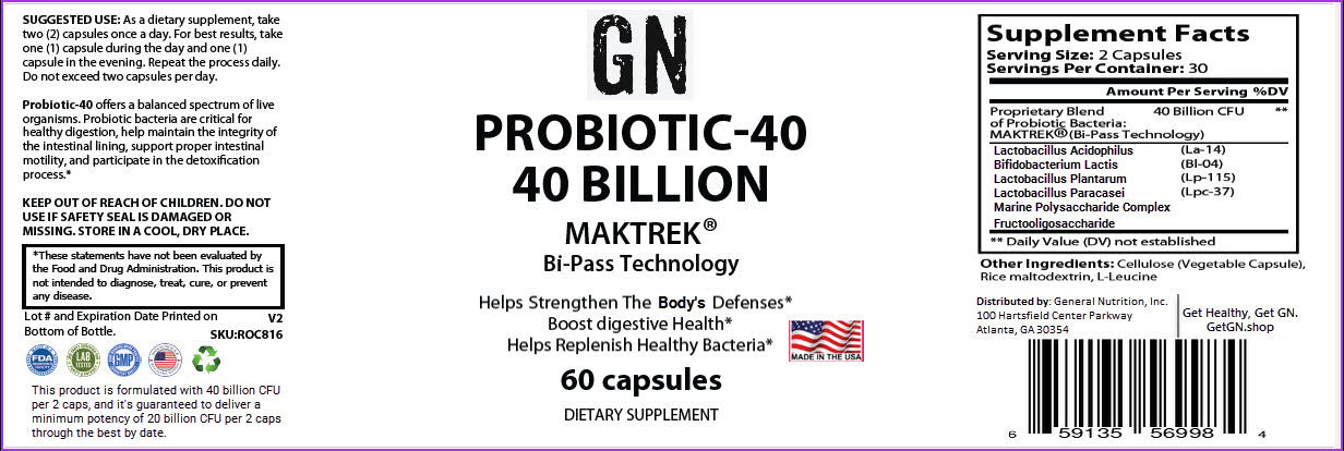 Supplement label for GN Probiotic-40 with branding and product details.