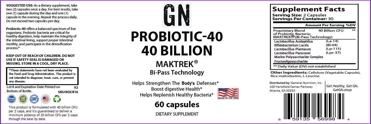 Supplement label for GN Probiotic-40 with branding and product details.
