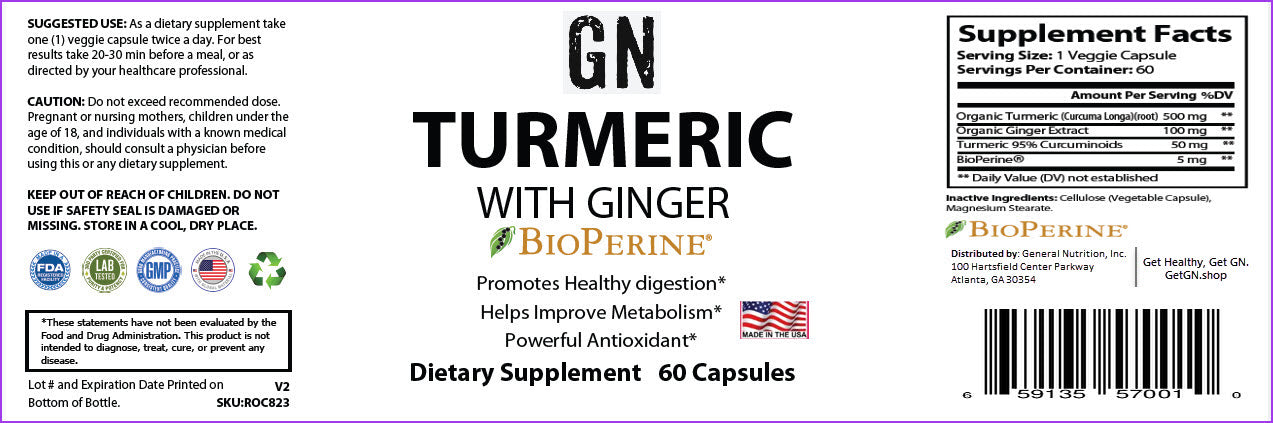 Supplement label for GN Turmeric with Ginger featuring BioPerine on a white background.