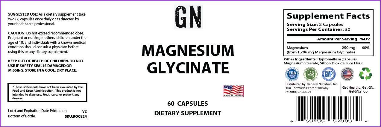 Supplement label for Magnesium Glycinate with various logos and text on a white background.