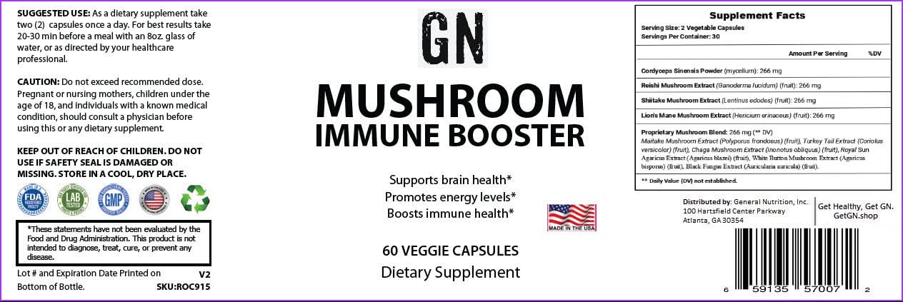 Supplement label for GN Mushroom Immune Booster with text and graphics on a white background.
