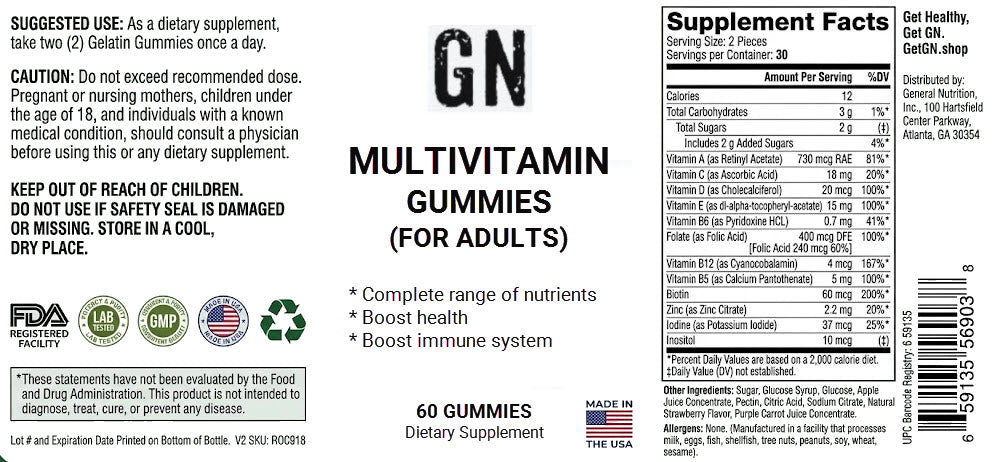 Multivitamin gummies label with supplement facts and FDA logos.