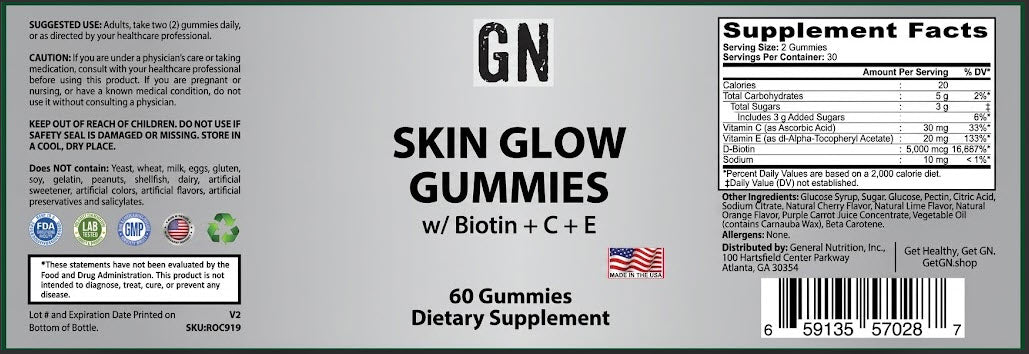 Supplement label for Skin Glow Gummies with Biotin, C, and E on a gray background.
