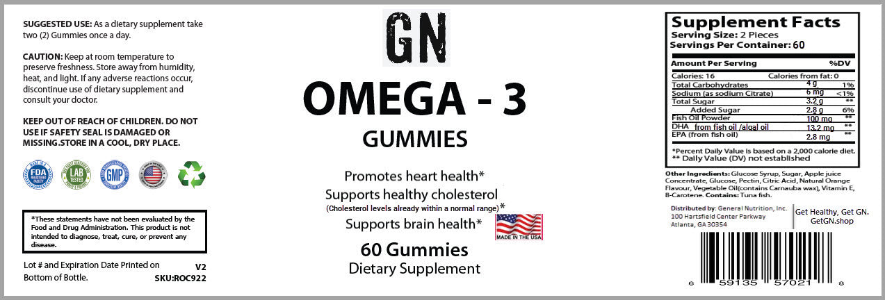 Supplement label for Omega-3 gummies with text and graphics on a white background