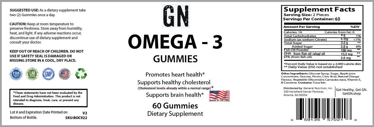 Supplement label for Omega-3 gummies with text and graphics on a white background