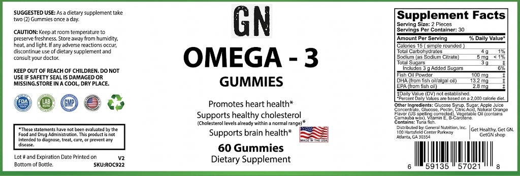 Supplement label for Omega-3 gummies with nutritional information and branding details.