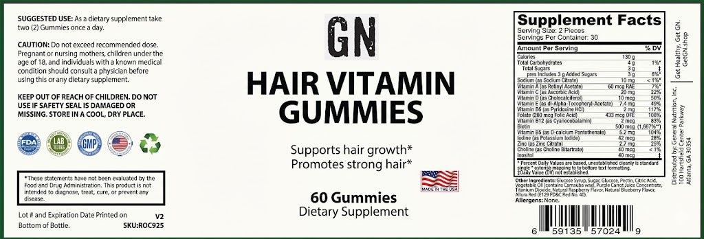 Supplement label for GN Hair Vitamin Gummies with text and graphics on a black background