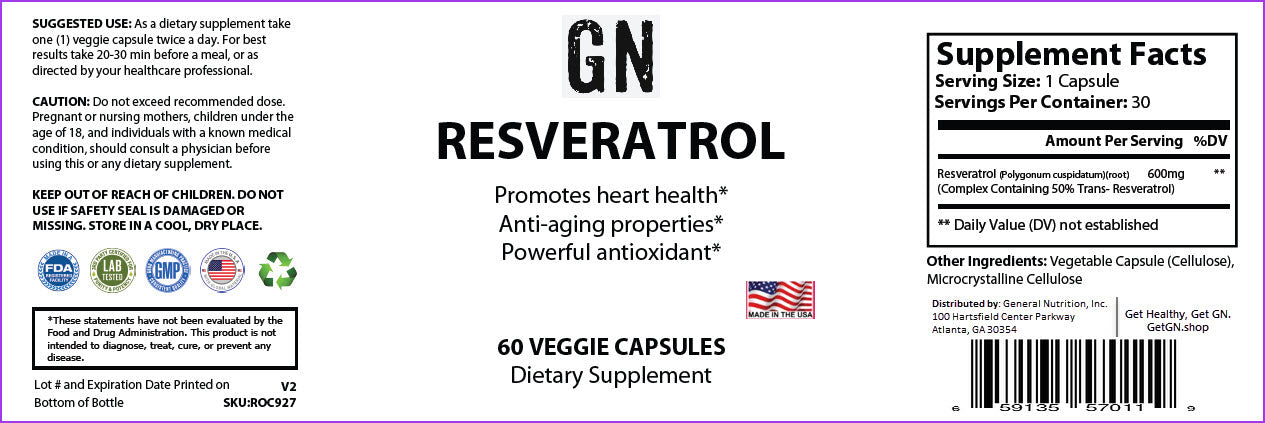 Supplement label for GN Resveratrol with text and graphics on a white background