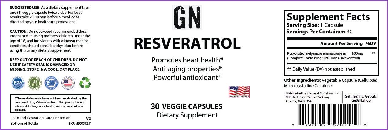 Supplement label for GN Resveratrol with text and graphics on a white background