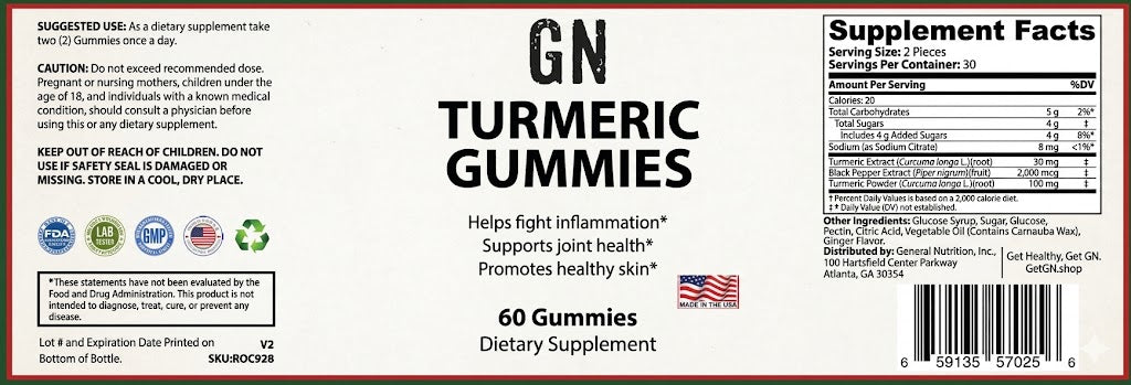Label of GN Turmeric Gummies dietary supplement with text and icons.