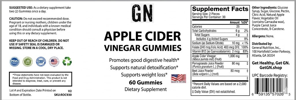 Supplement label for Apple Cider Vinegar Gummies with ingredients and nutritional information.