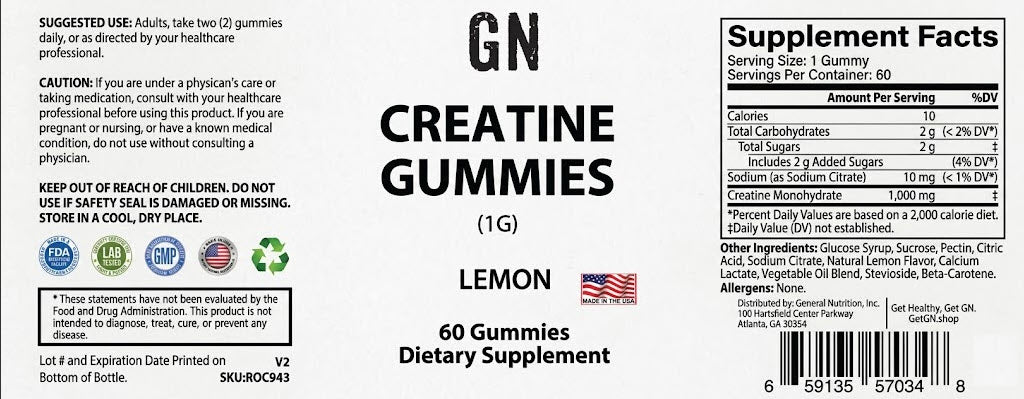 Supplement label for Creatine Gummies with serving size, ingredients, and nutritional information.