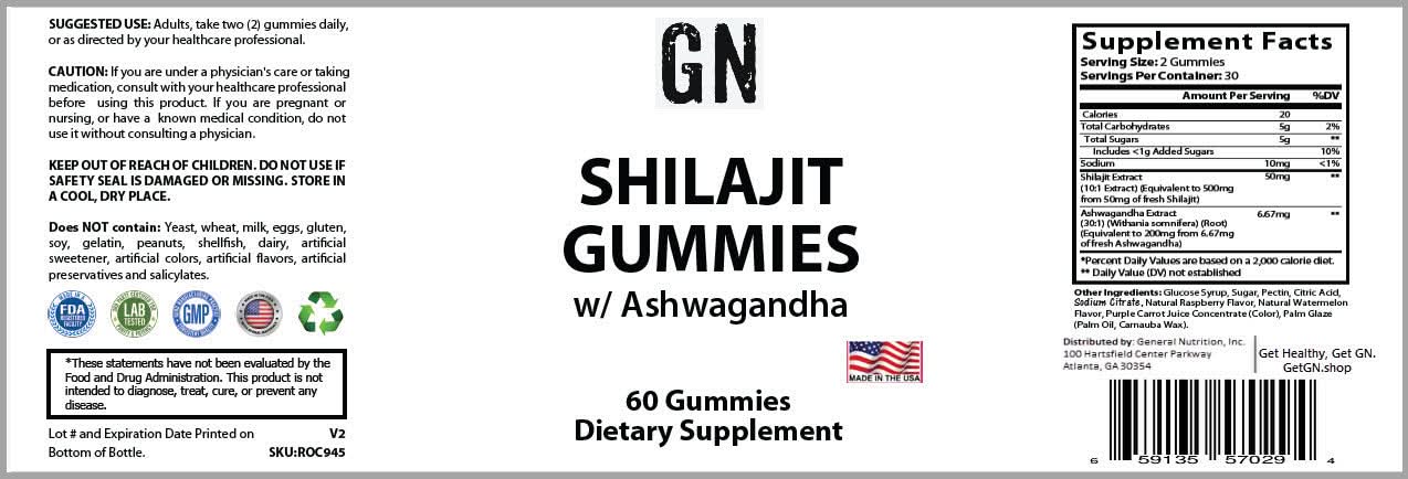 Supplement label for Shilajit Gummies with Ashwagandha on a white background