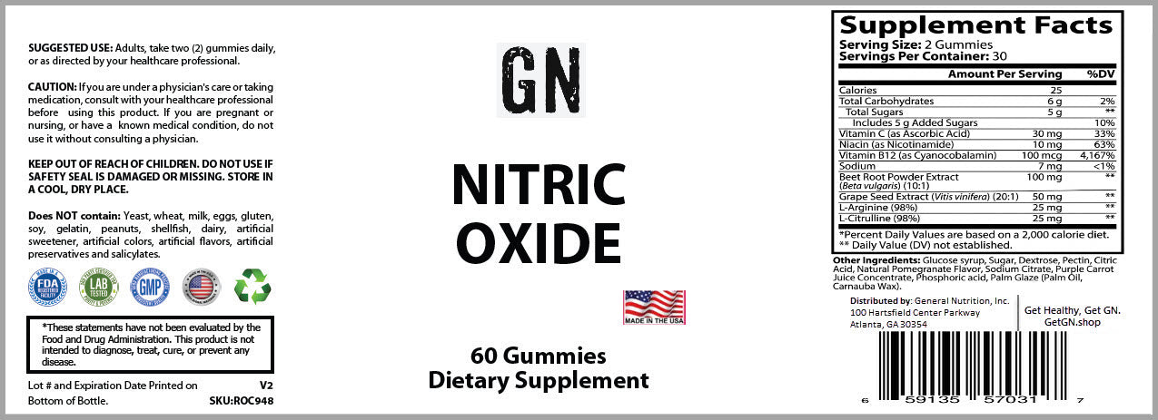 Supplement label for GN Nitric Oxide gummies with supplement facts and branding.